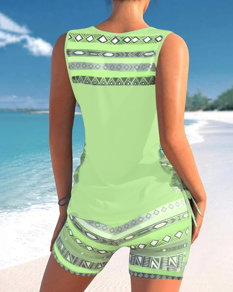 Geometric Print Tankinis with V-Neck
