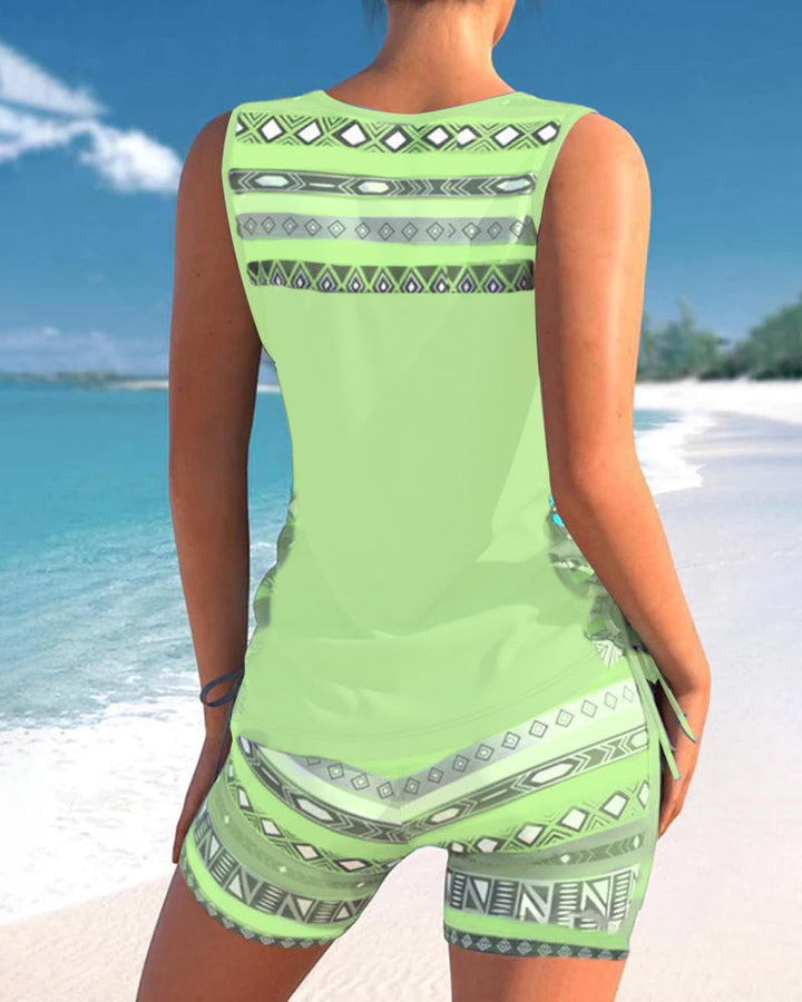 Geometric Print Tankinis with V-Neck