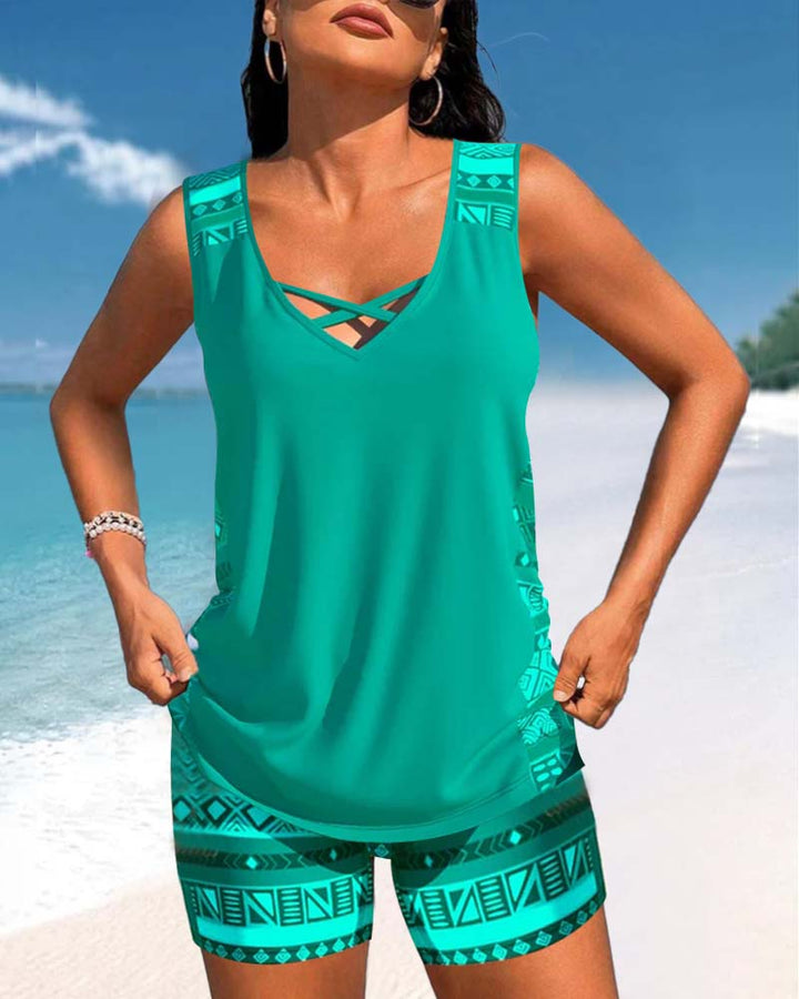 Geometric Print Tankinis with V-Neck