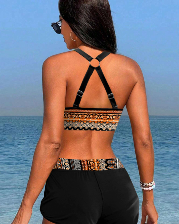 High-waisted geometric print bikinis