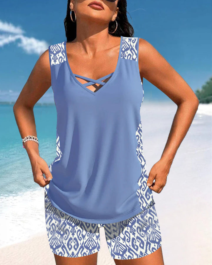 Geometric Print Tankinis with V-Neck