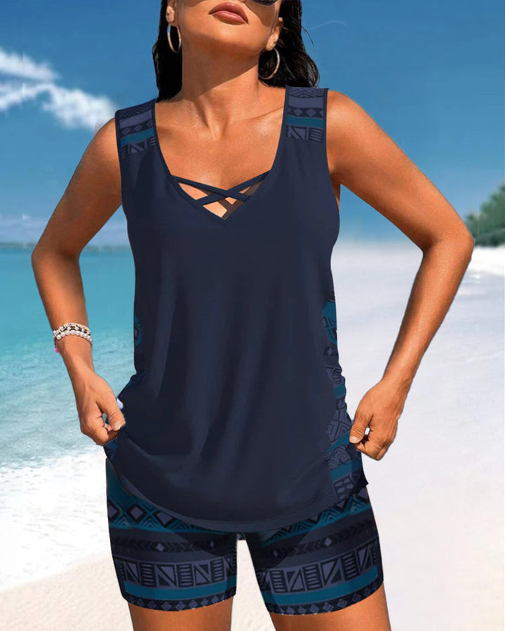 Geometric Print Tankinis with V-Neck