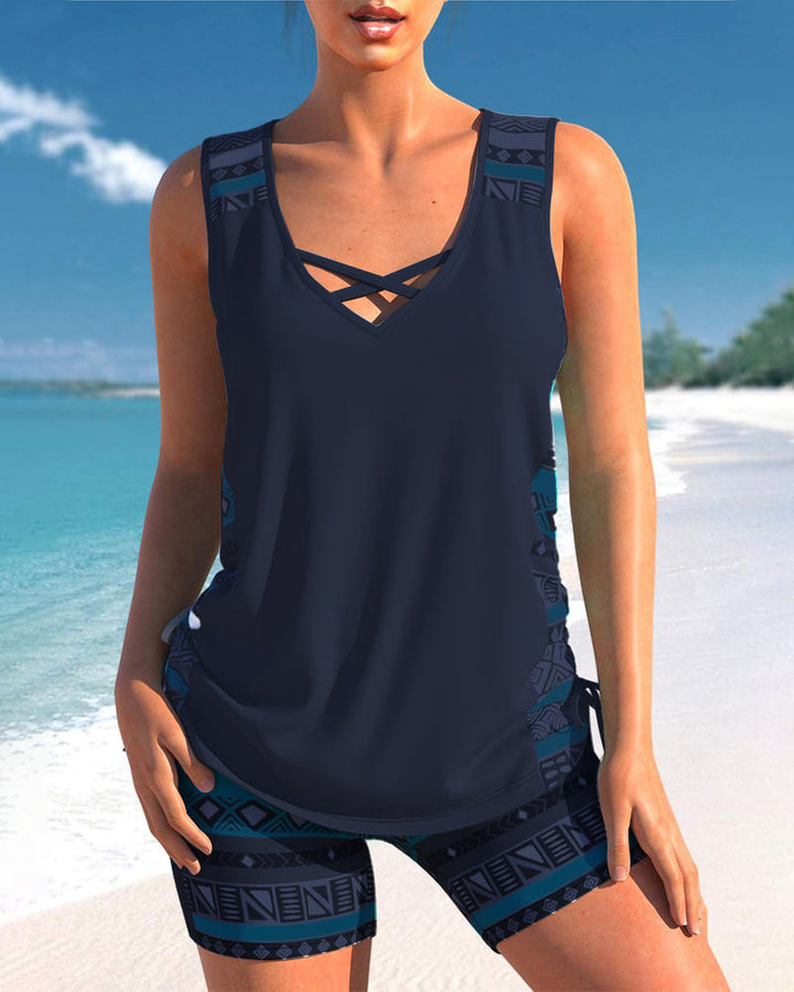 Geometric Print Tankinis with V-Neck