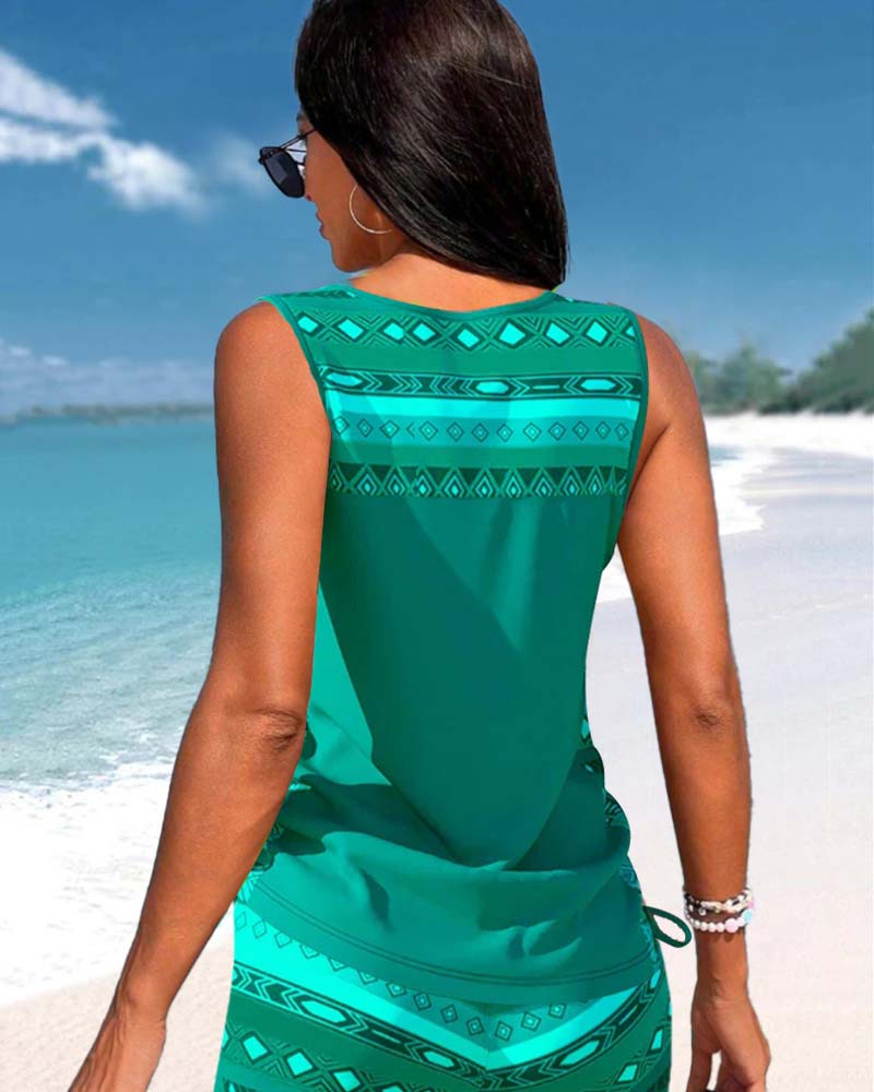 Geometric Print Tankinis with V-Neck