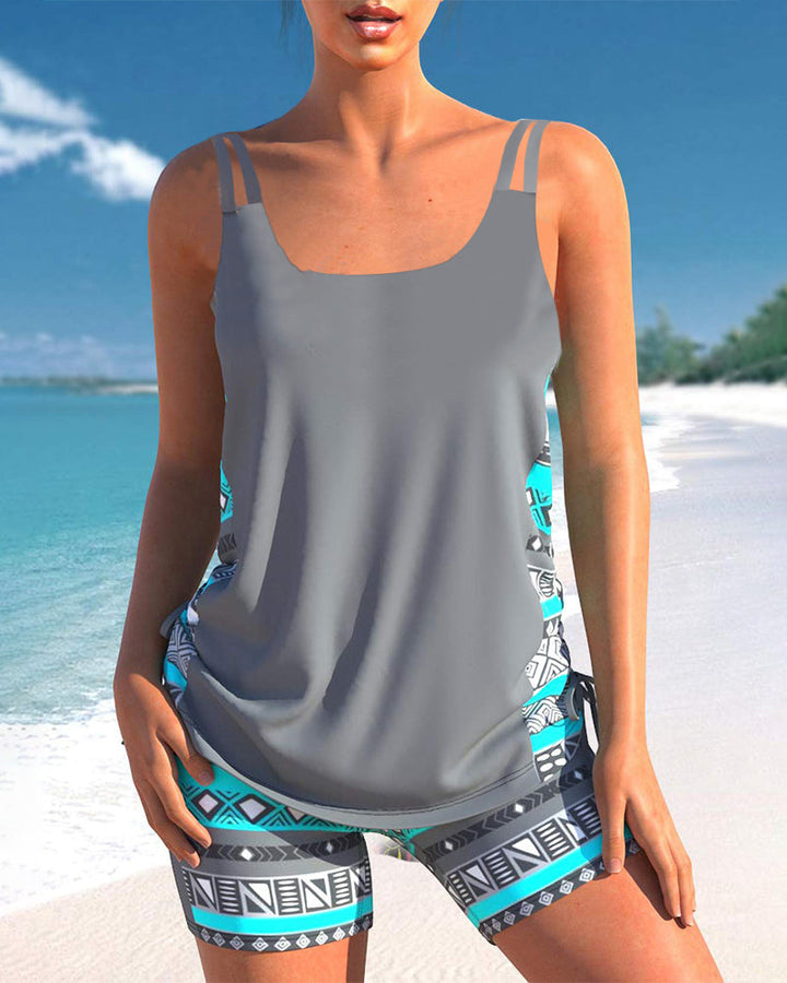 Geometric Print Tankinis with V-Neck