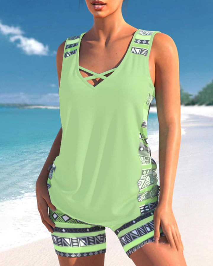 Geometric Print Tankinis with V-Neck
