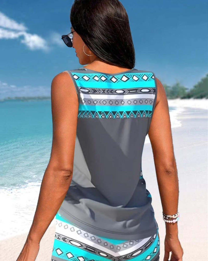 Geometric Print Tankinis with V-Neck