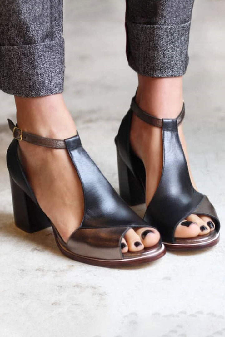 Anyao™ Elegant High Heeled Sandals with Open Toe in Black Patchwork – Perfect for Any Occasion