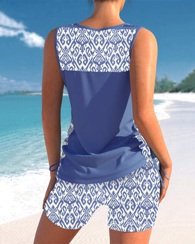 Geometric Print Tankinis with V-Neck