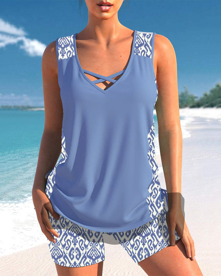Geometric Print Tankinis with V-Neck