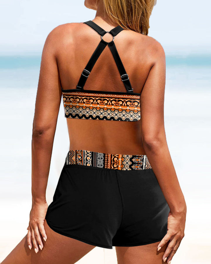 High-waisted geometric print bikinis
