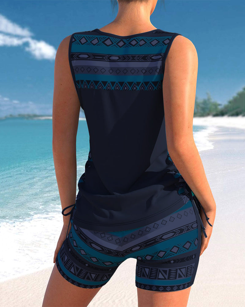 Geometric Print Tankinis with V-Neck